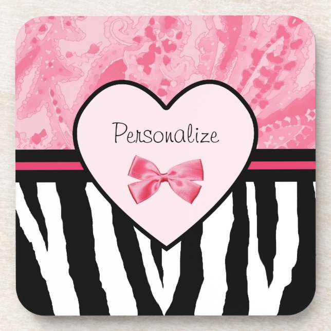 Trendy Pink and Black Zebra Pattern Bow and Name Coaster (Front)