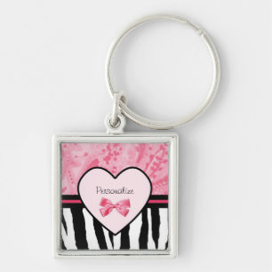 Trendy Pink and Black Zebra Pattern Bow and Name Key Ring