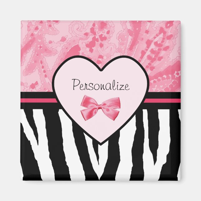Trendy Pink and Black Zebra Pattern Bow and Name Magnet (Front)
