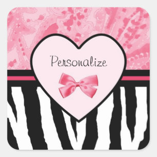 Trendy Pink And Black Zebra Pattern With Name Square Sticker