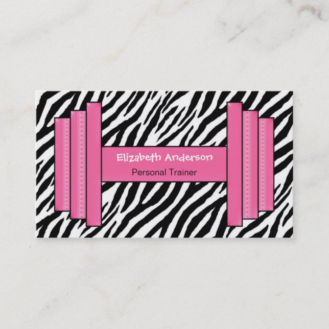 Trendy Pink And Black Zebra Print Personal Trainer Business Card (Front)