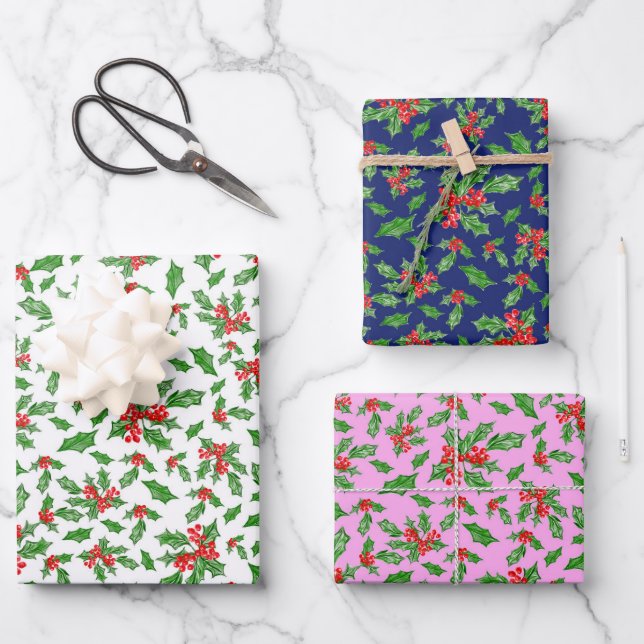 Trendy Pink and Blue Christmas Holly Pattern Wrapping Paper Sheet (Front)