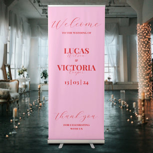 Trendy pink and bright red wedding retractable banner