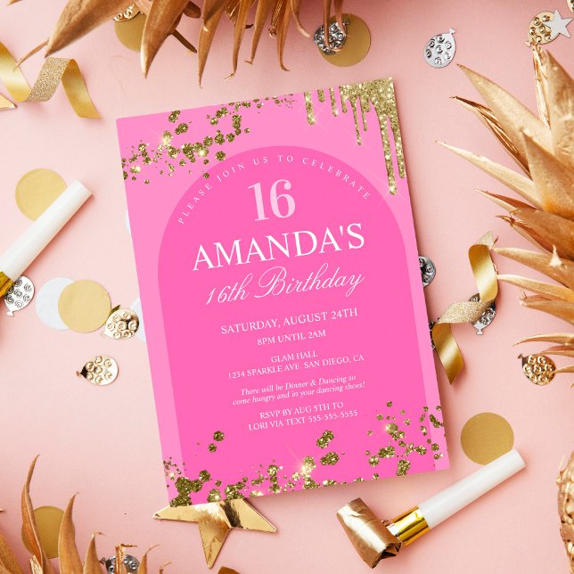 Trendy Pink and Gold Glitter Drip Birthday Invitation (Creator Uploaded)