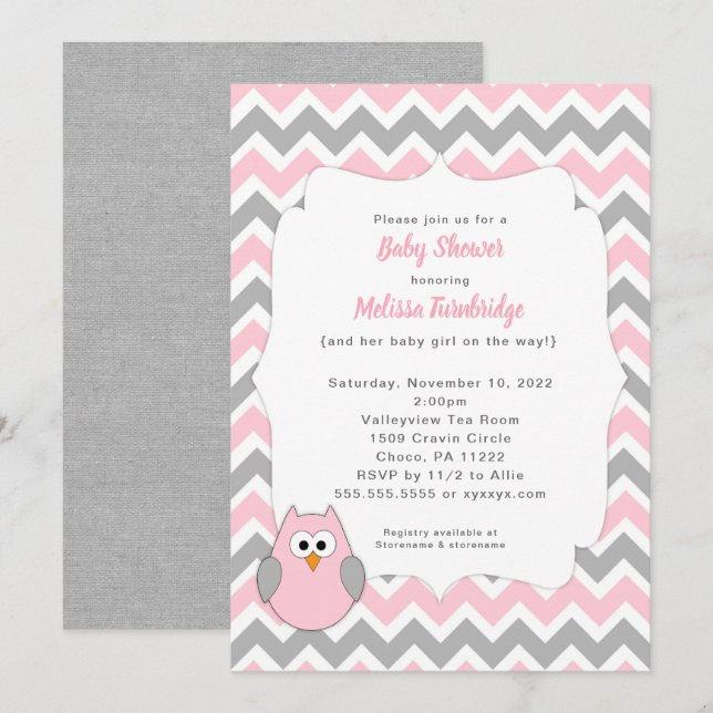 Trendy Pink and Grey Owl Girl Baby Shower Invitation (Front/Back)