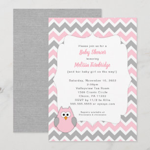 Trendy Pink and Grey Owl Girl Baby Shower Invitation