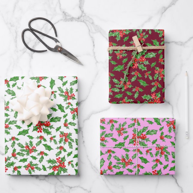 Trendy Pink and Red Christmas Holly Pattern Wrapping Paper Sheet (Front)