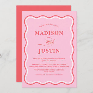 Trendy Pink and Red Squiggle Curves Wavy Wedding Invitation
