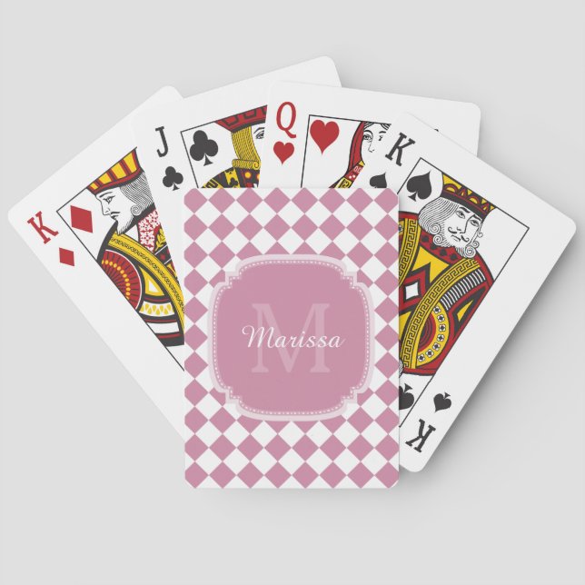 Trendy Pink and White Checked Monogrammed Name Playing Cards (Back)