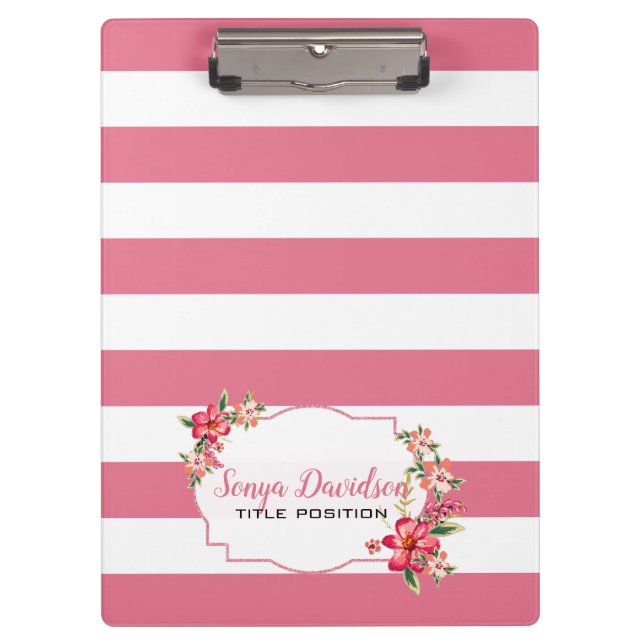 Trendy Pink And White Stripes Clipboard (Front)