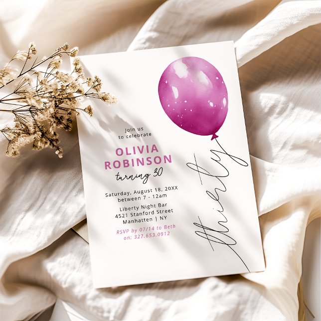 Trendy Pink Balloon 30th Birthday Invitation (Creator Uploaded)