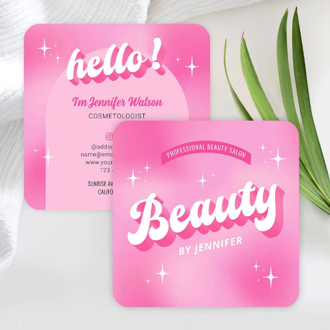 Trendy Pink Beauty Salon Retro Girly Groovy Lashes Square Business Card (Girly beautician business cards in pink, featuring retro nostalgia style fonts and groovy design)