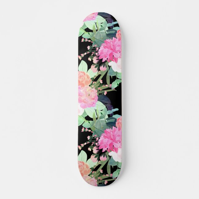 Trendy Pink & Black Flowers Watercolor Design Skateboard (Front)