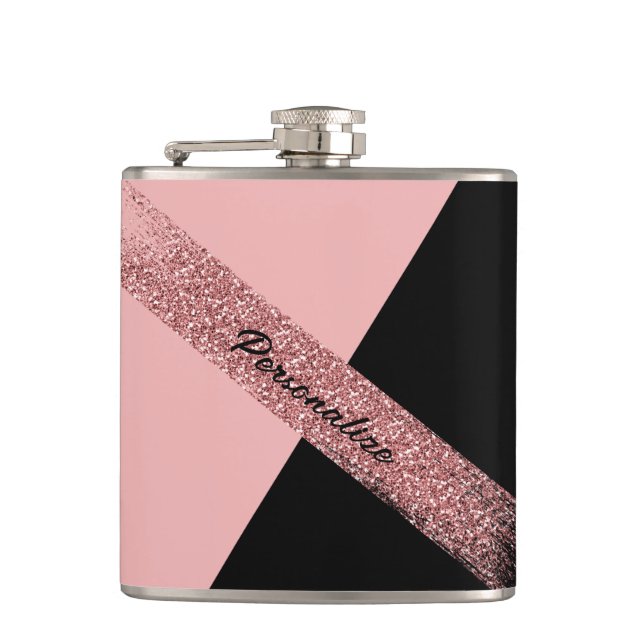 Trendy Pink Black Glitter Personalised Chic Glam Hip Flask (Front)