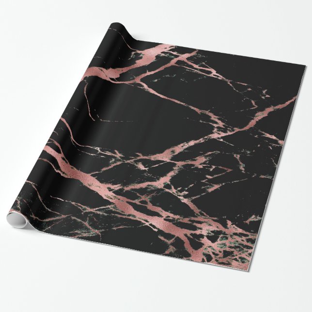 Trendy Pink Black Marble Glossy Wrapping Paper (Unrolled)
