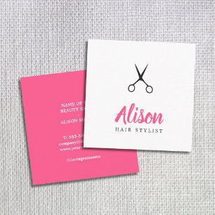 Trendy Pink Black Scissors Hair Stylist Square Business Card