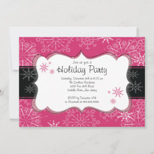 Trendy Pink & Black Snowflakes Holiday Party Invitation