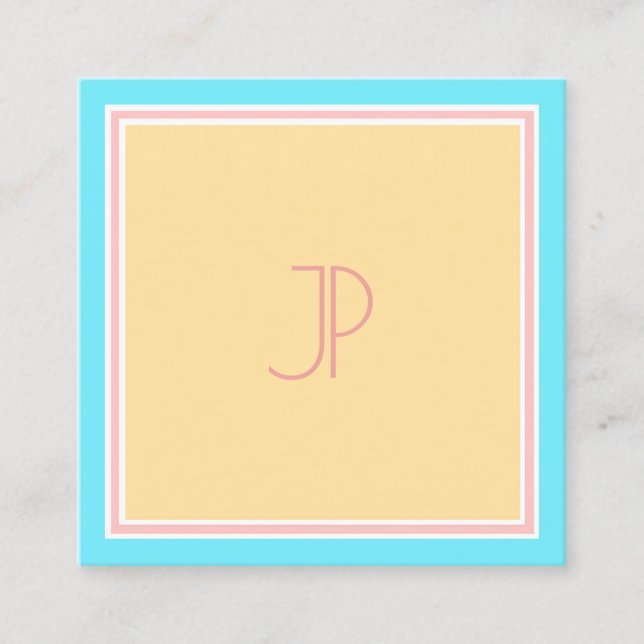 Trendy Pink Blue Yellow Modern Monogram Template Square Business Card (Front)