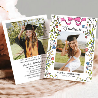Trendy Pink Bow Coquette 2 PHOTO Graduation Party Invitation