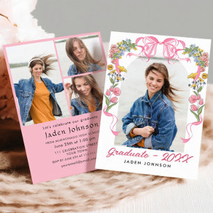 Trendy Pink Bow Coquette 4 PHOTO Graduation Party Invitation