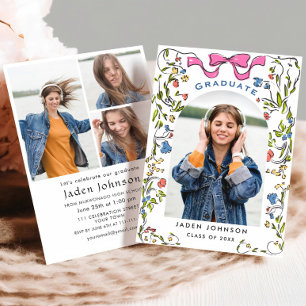 Trendy Pink Bow Coquette 4 PHOTO Graduation Party Invitation