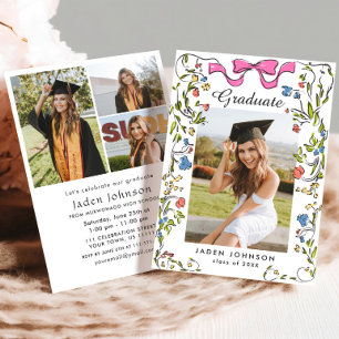 Trendy Pink Bow Coquette 4 PHOTO Graduation Party Invitation