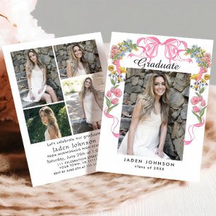 Trendy Pink Bow Coquette 5 PHOTO Graduation Party Invitation