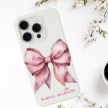 Trendy Pink Bow Personalised With Name Monogram iPhone 15 Pro Case<br><div class="desc">Elevate your style with the Trendy Pink Bow Personalised With Name Monogram iPhone Case, the perfect blend of elegance and personalisation. This custom phone case features a delicate watercolor bow in a soft pink hue, capturing a vintage girly aesthetic that is both trendy and timeless. The personalised name monogram adds...</div>