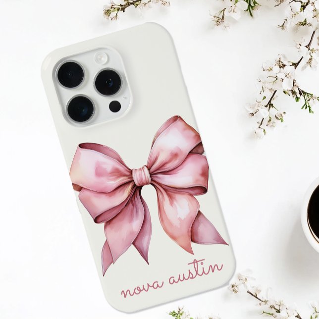 Trendy Pink Bow Personalised With Name Monogram Case-Mate iPhone Case (Creator Uploaded)
