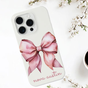 Trendy Pink Bow Personalised With Name Monogram iPhone 15 Pro Case