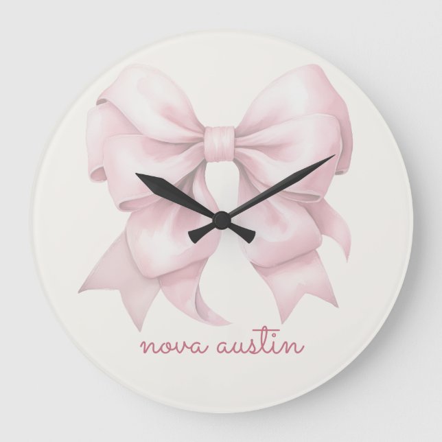 Trendy Pink Bow Personalised With Name Monogram Large Clock (Front)