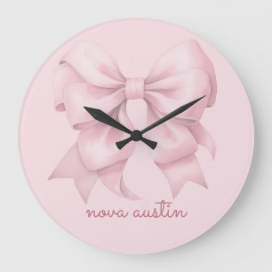 Trendy Pink Bow Personalised With Name Monogram Large Clock