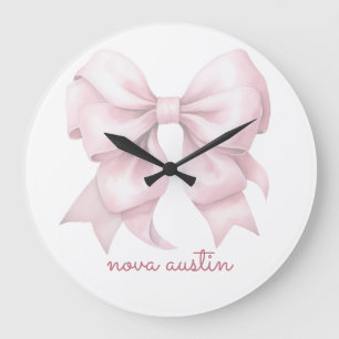 Trendy Pink Bow Personalised With Name Monogram Large Clock