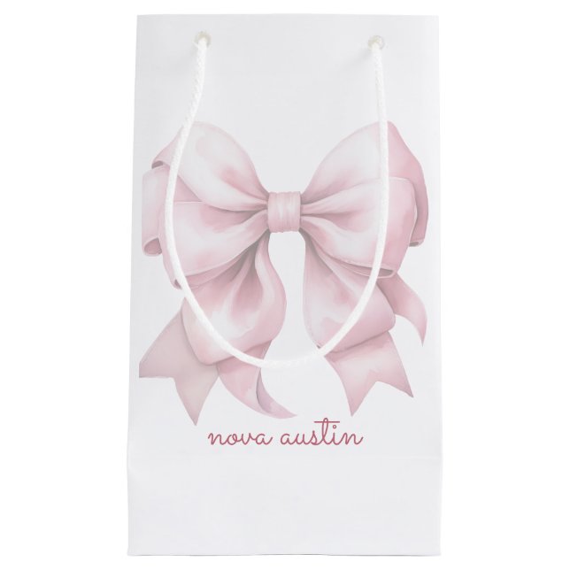 Trendy Pink Bow Personalised With Name Monogram Small Gift Bag (Front)