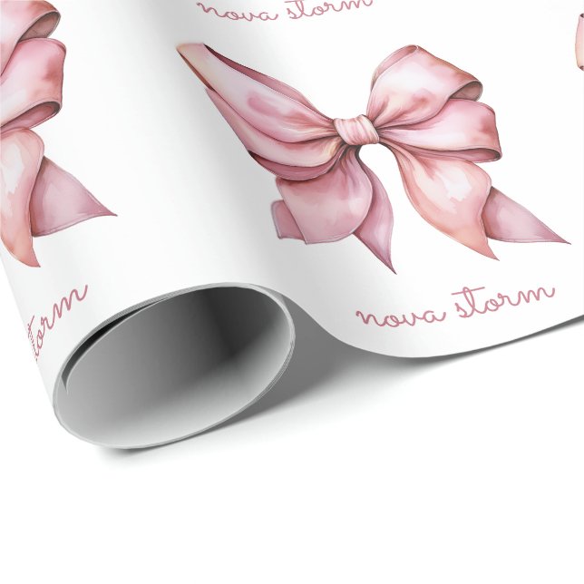 Trendy Pink Bow Personalised With Name Monogram Wrapping Paper (Roll Corner)