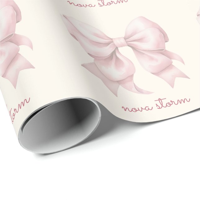 Trendy Pink Bow Personalised With Name Monogram Wrapping Paper (Roll Corner)