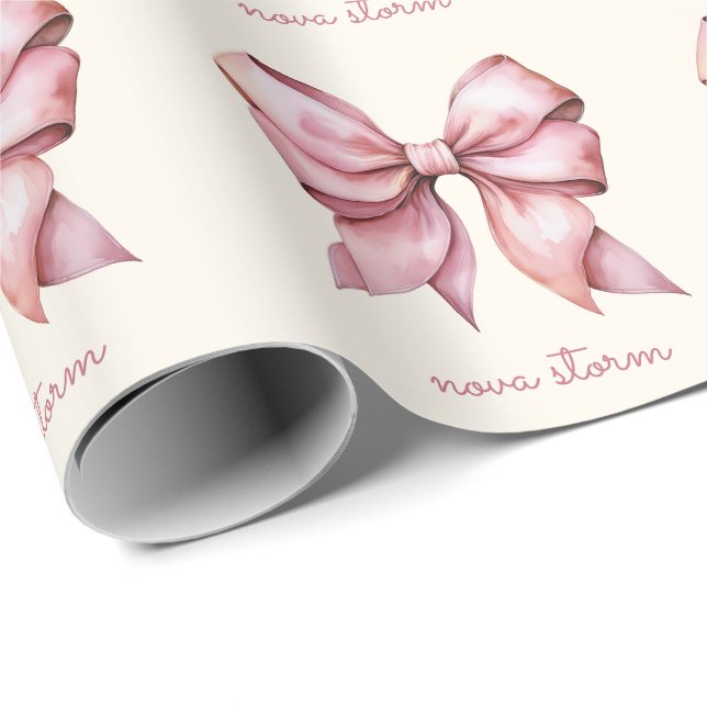 Trendy Pink Bow Personalised With Name Monogram Wrapping Paper (Roll Corner)