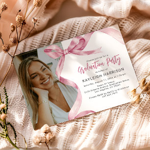 Trendy Pink Bow Photo Graduation Invitation