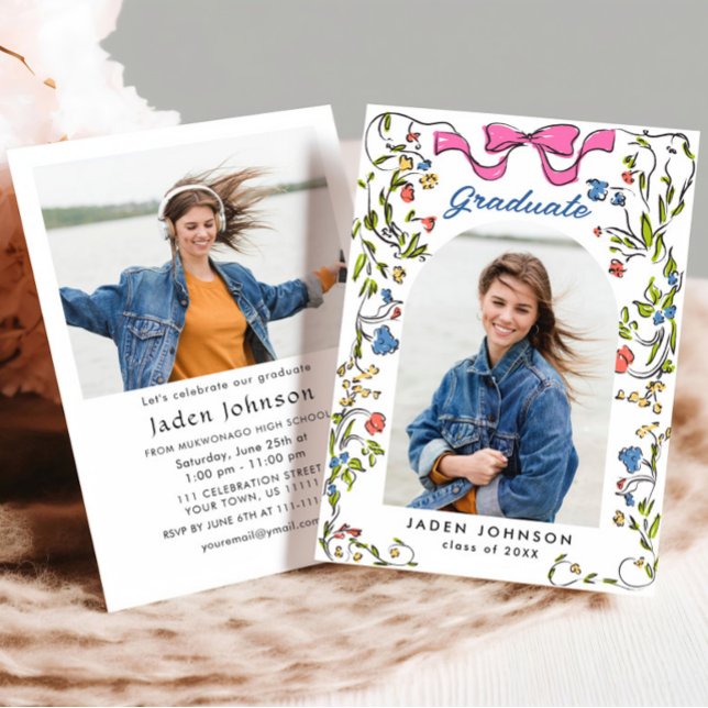 Trendy  Pink Bow Ribbon 2 PHOTO Graduation Party Invitation (Creator Uploaded)