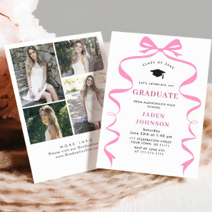 Trendy Pink Bow Ribbon 4 PHOTO Graduation Party Invitation