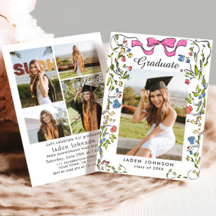 Trendy Pink Bow Ribbon 5 PHOTO Graduation Party Invitation