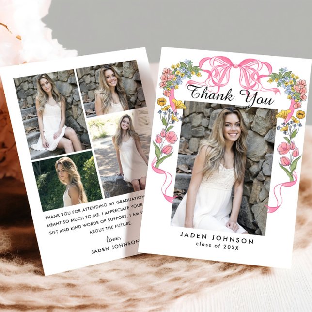 Trendy Pink Bow Ribbon 5 PHOTO Graduation Party Thank You Card (Creator Uploaded)