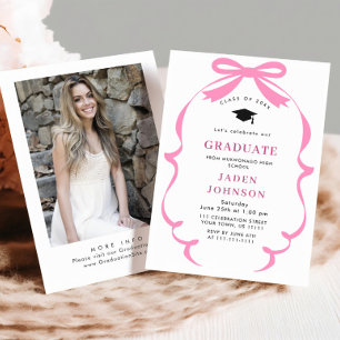 Trendy Pink Bow Ribbon PHOTO Graduation Party Invitation