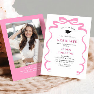 Trendy Pink Bow Ribbon PHOTO Graduation Party Invitation