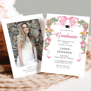 Trendy Pink Bow Ribbon PHOTO Graduation Party Invitation