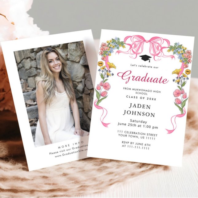 Trendy Pink Bow Ribbon PHOTO Graduation Party Invitation (Creator Uploaded)