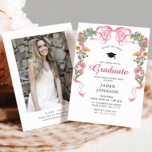 Trendy Pink Bow Ribbon PHOTO Graduation Party Invitation