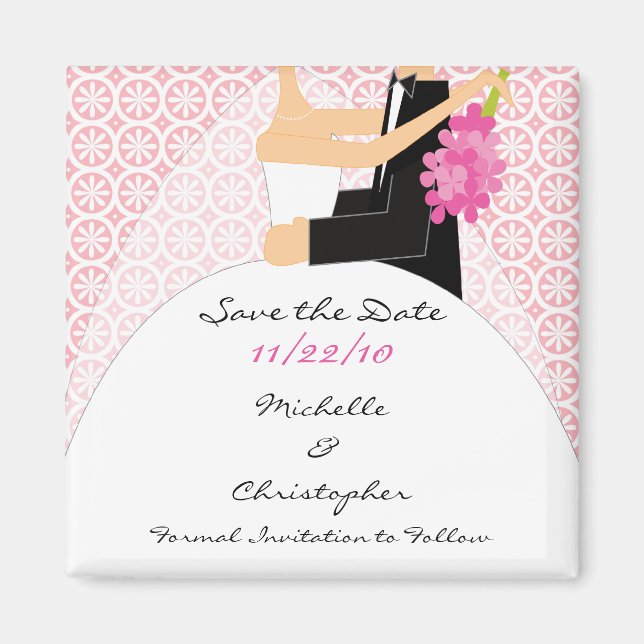 Trendy Pink Bride & Groom Save The Date Magnet (Front)