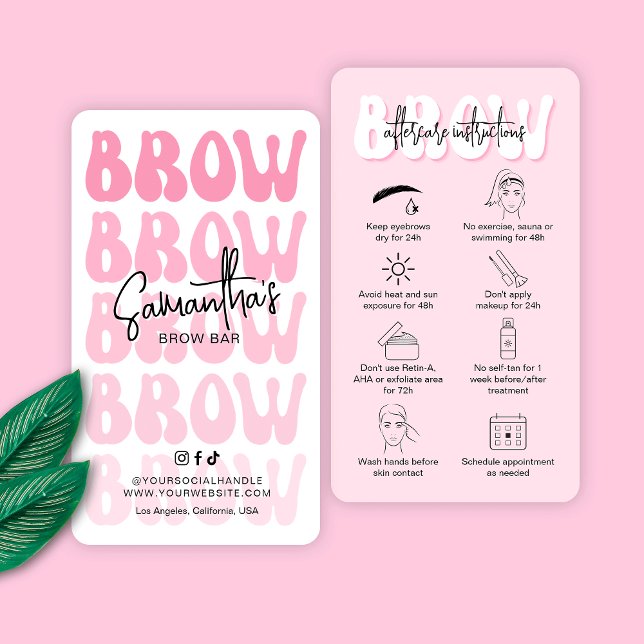 Trendy Pink Brow Aftercare Instructions Retro Font Business Card (Creator Uploaded)