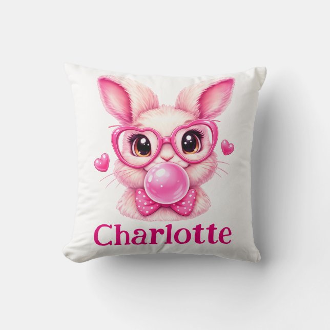 Trendy Pink Bunny  with Bubble Gum – Custom Name Cushion (Front)